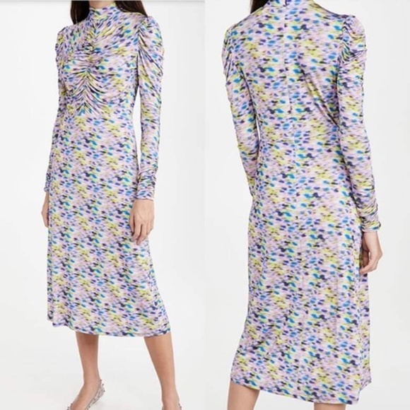 TANYA TAYLOR Zoe Dress Multicolor Ruched Slinky Silk Jersey in Blue Haze Print M - Picture 1 of 14